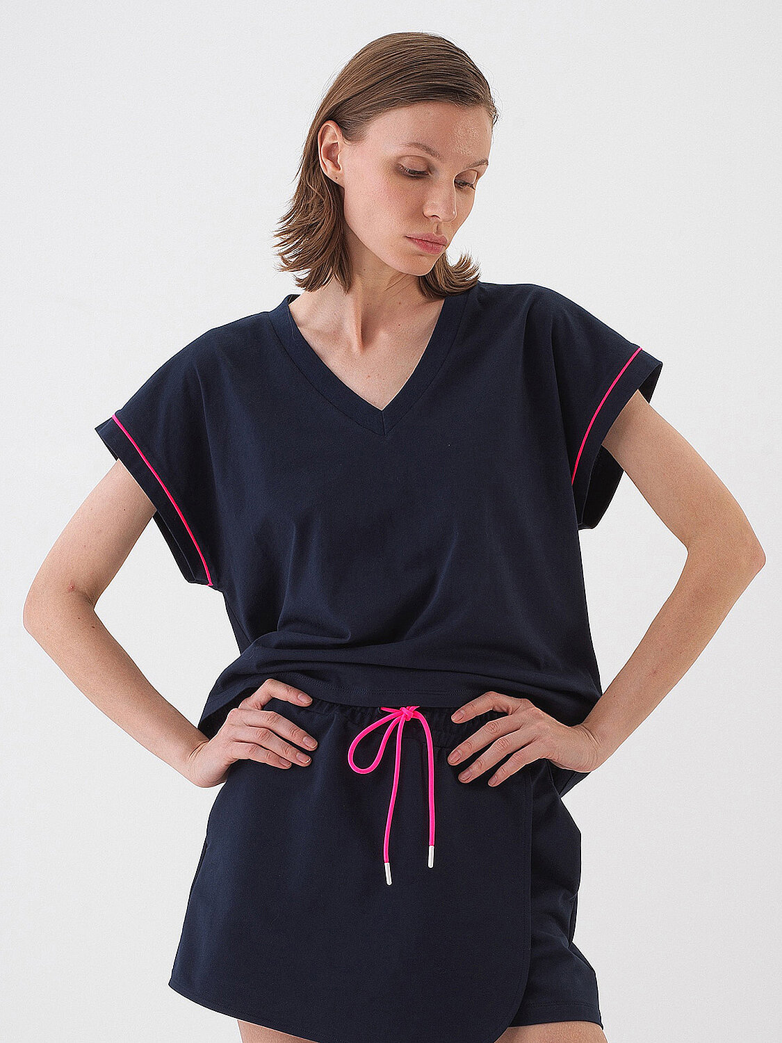 Lacivert Pamuk Dokulu Oversize Tişört