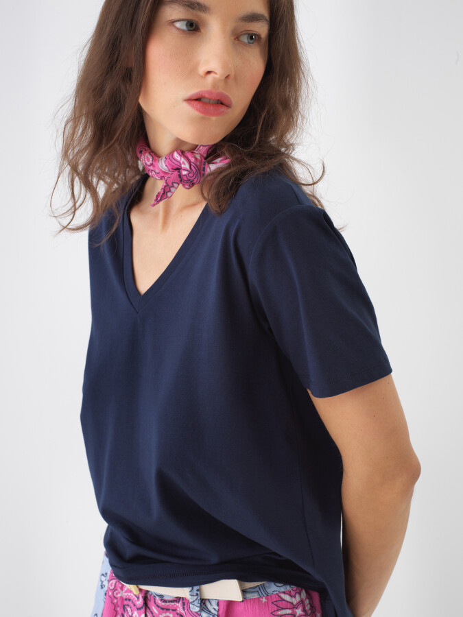 Lacivert Pamuk Dokulu Regular Fit Tişört - 1