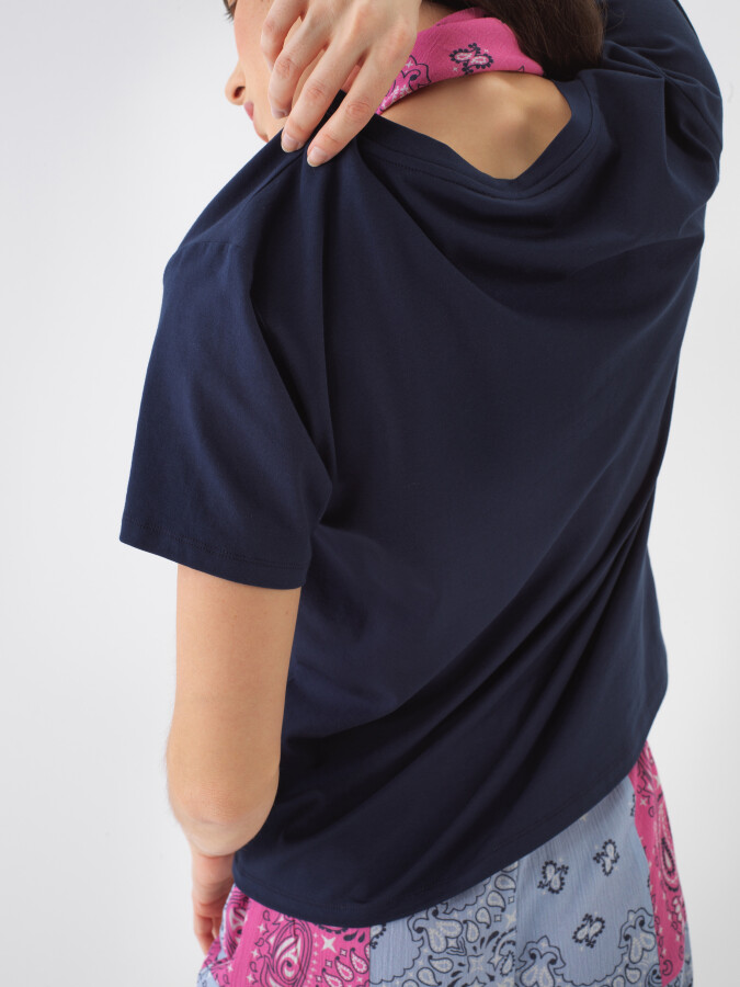 Lacivert Pamuk Dokulu Regular Fit Tişört - 4