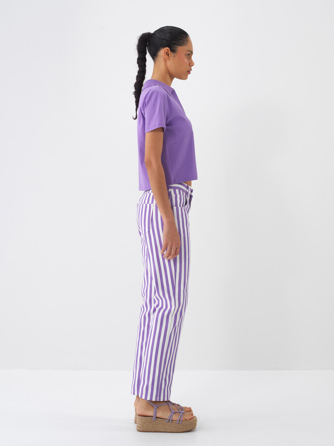 Lila Pamuk Dokulu Oversize Tişört - 4