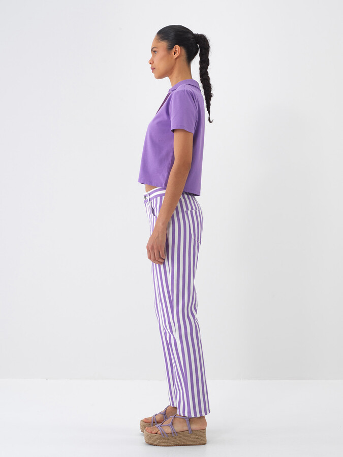Lila Pamuk Dokulu Oversize Tişört - 5