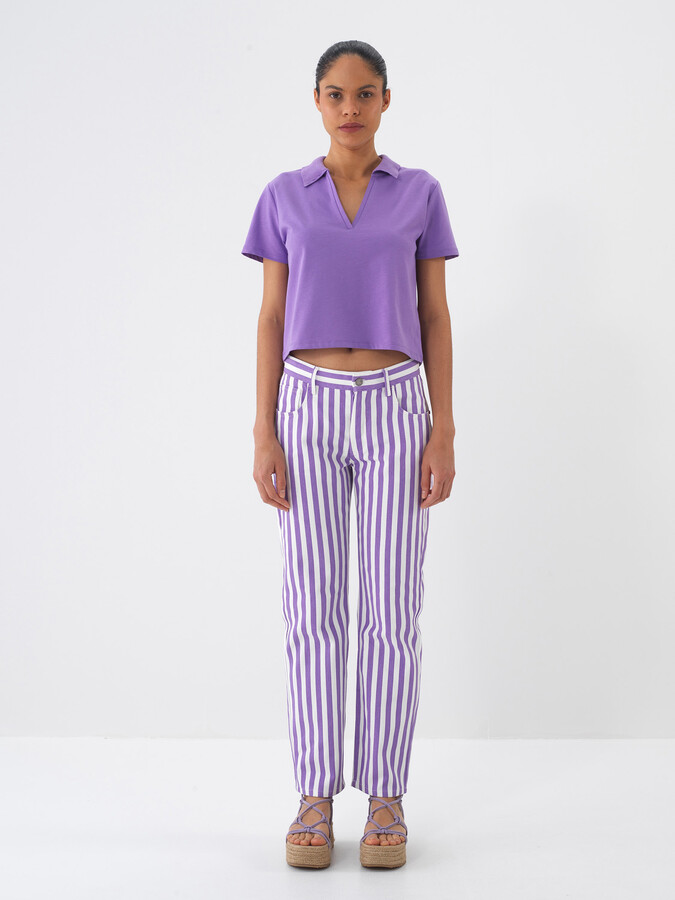 Lila Pamuk Dokulu Oversize Tişört - 2