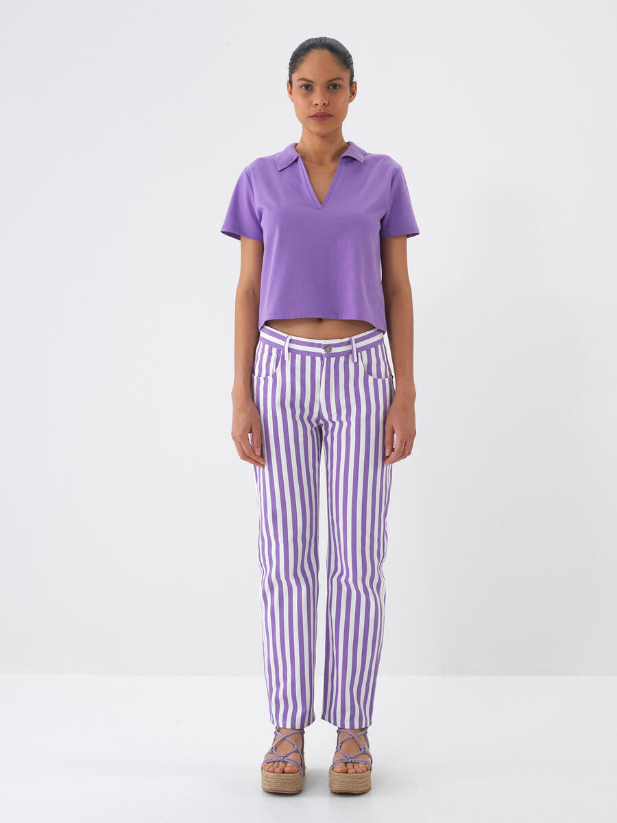Lila Pamuk Dokulu Oversize Tişört - 2