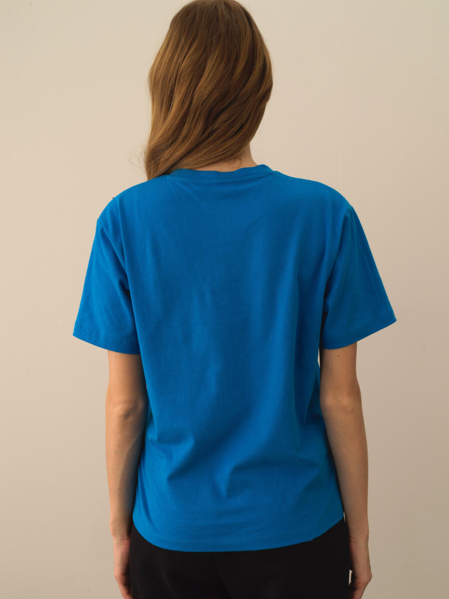 Mavi Pamuk Dokulu Oversize Tişört - 3