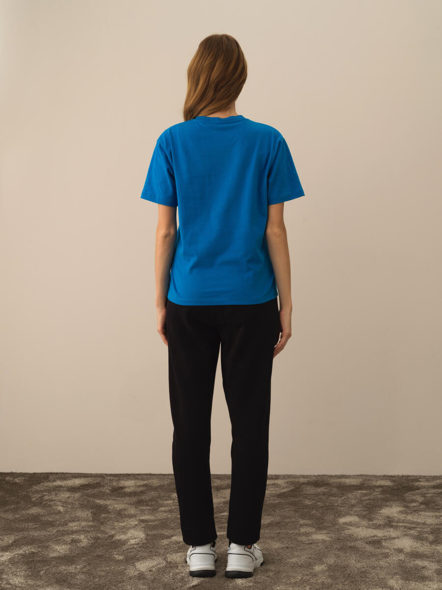 Mavi Pamuk Dokulu Oversize Tişört - 4