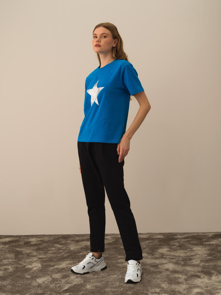 Mavi Pamuk Dokulu Oversize Tişört - 2