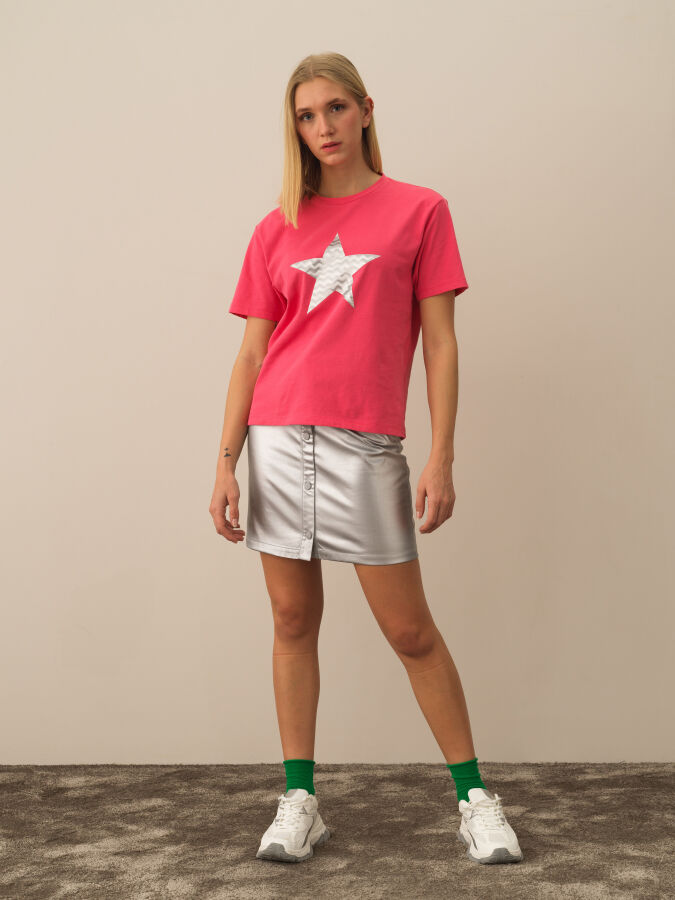 Pembe Pamuk Dokulu Oversize Tişört - Xint