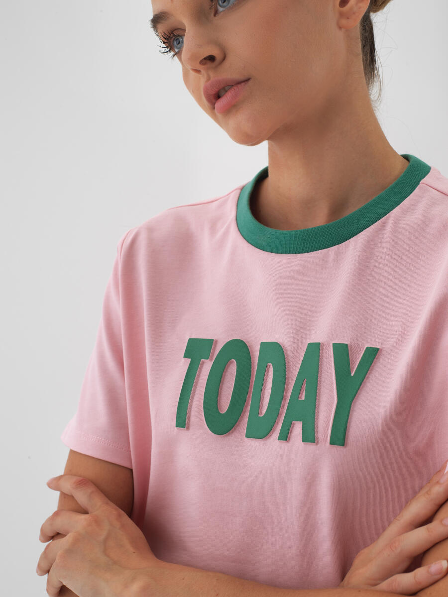 Pembe Pamuk Dokulu Regular Fit Tişört - 1