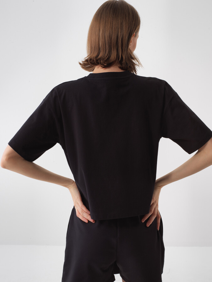 Siyah Pamuk Dokulu Oversize Tişört - 5