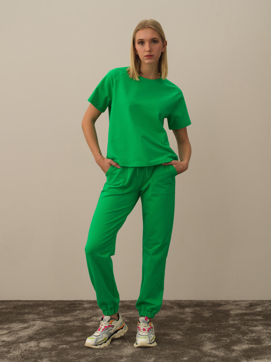 Yeşil Pamuk Dokulu Oversize Tişört - 2