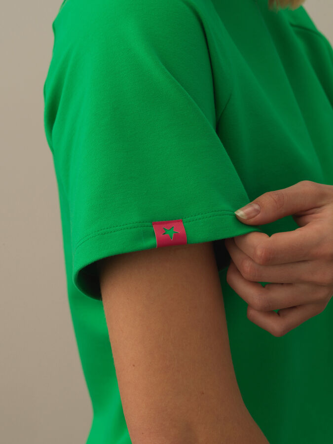 Yeşil Pamuk Dokulu Oversize Tişört - Xint