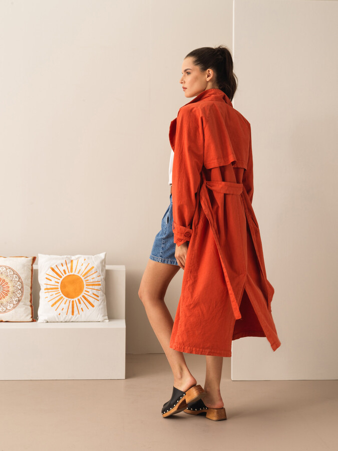Kiremit Keten Karışımlı Oversize Trençkot (4)