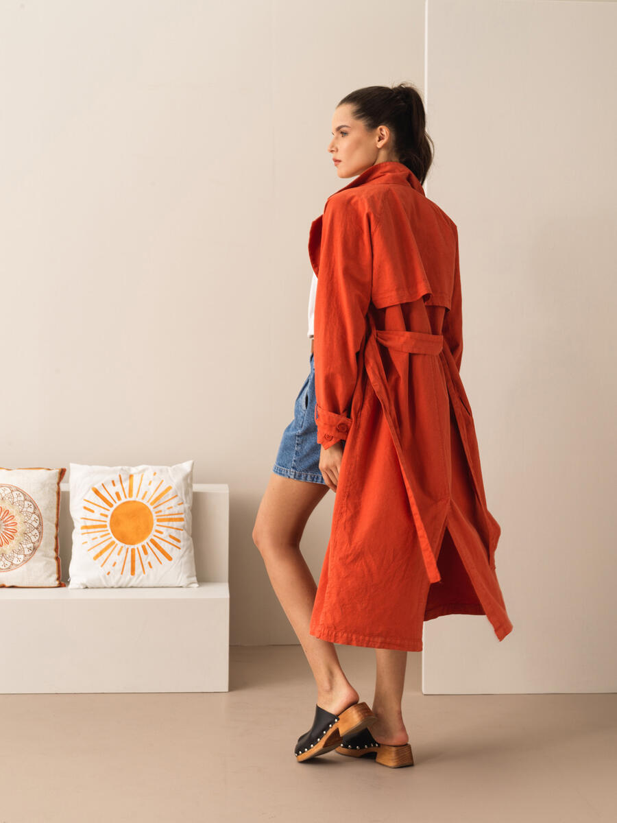 Kiremit Keten Karışımlı Oversize Trençkot - 4