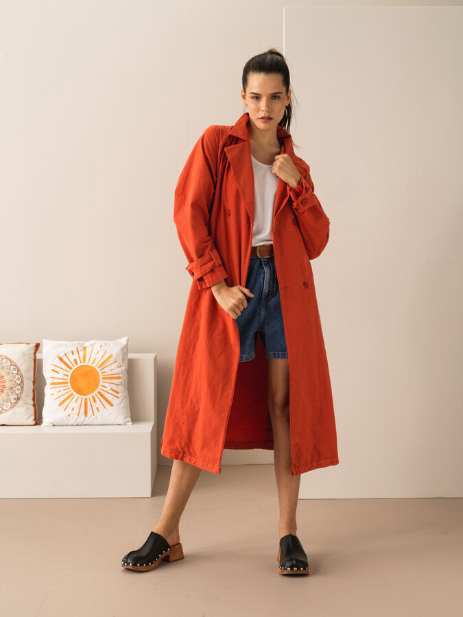 Kiremit Keten Karışımlı Oversize Trençkot (3)