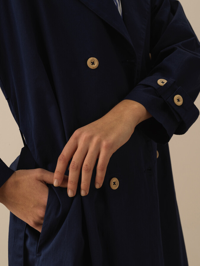 Lacivert Pamuk Dokulu Oversize Trençkot (3)