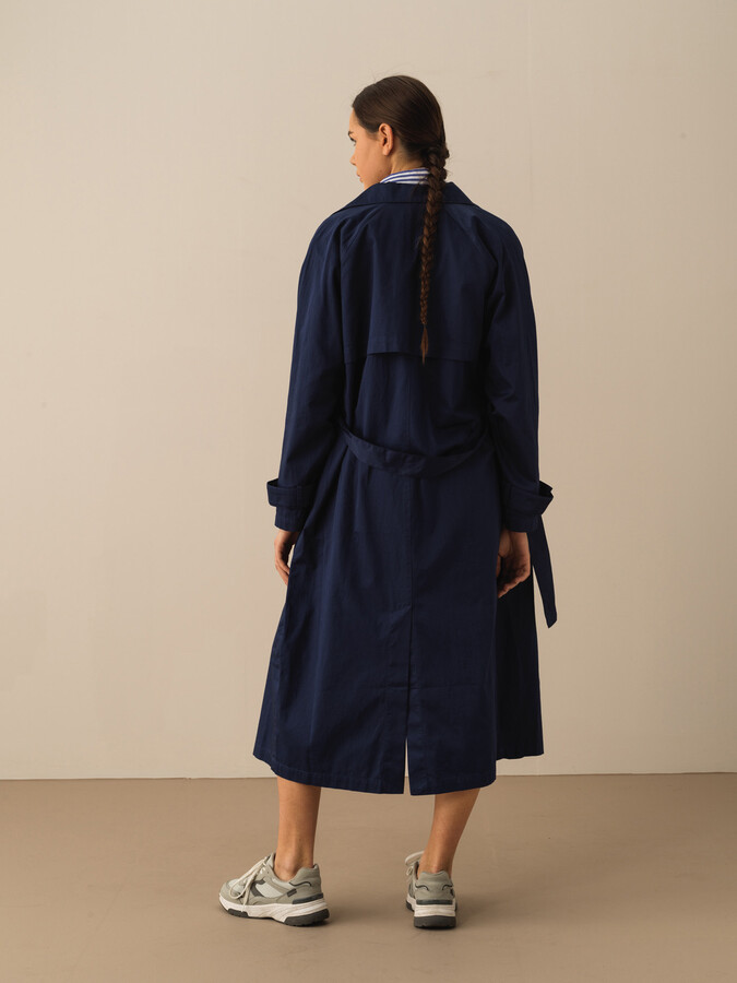 Lacivert Pamuk Dokulu Oversize Trençkot (4)