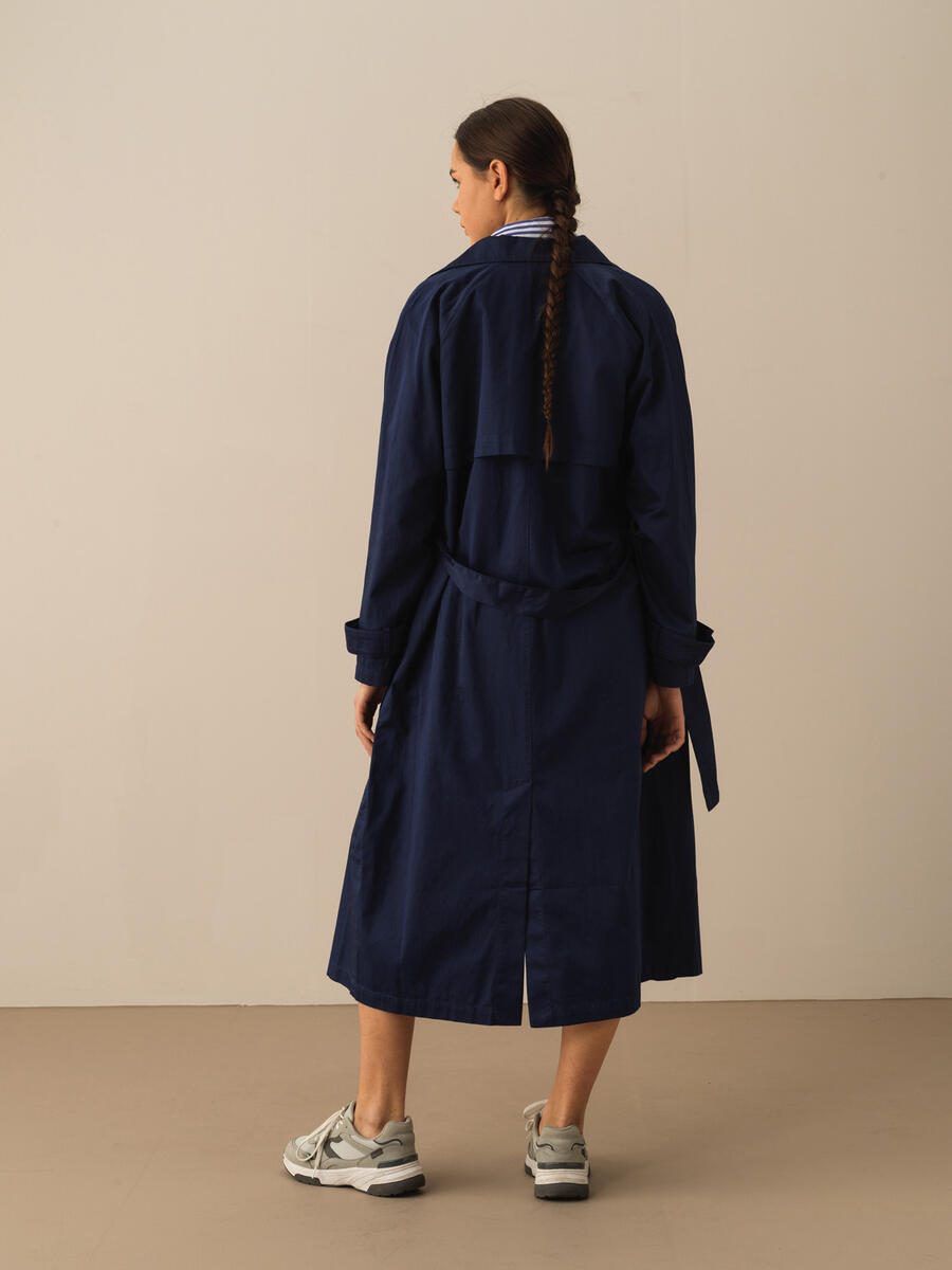 Lacivert Pamuk Dokulu Oversize Trençkot - 4