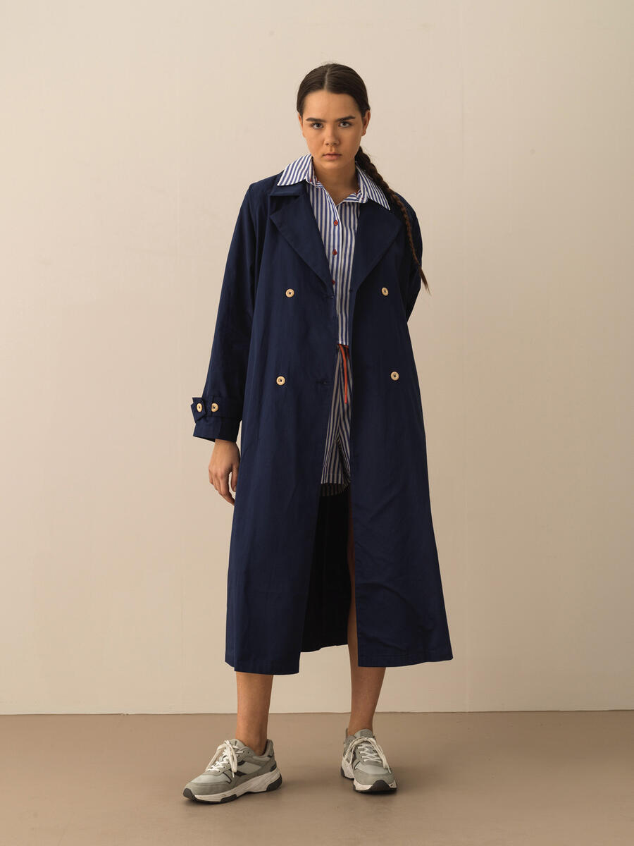 Lacivert Pamuk Dokulu Oversize Trençkot - 2