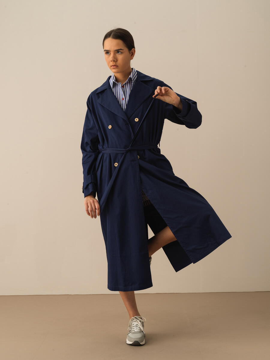 Lacivert Pamuk Dokulu Oversize Trençkot - 1