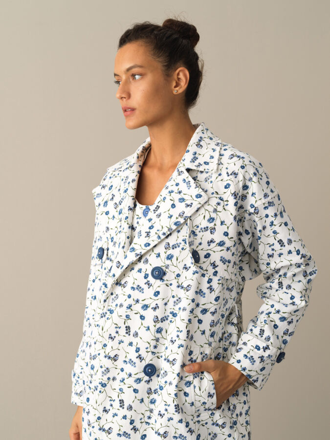 Mavi Pamuk Dokulu Pamuklu Oversize Trençkot - Xint