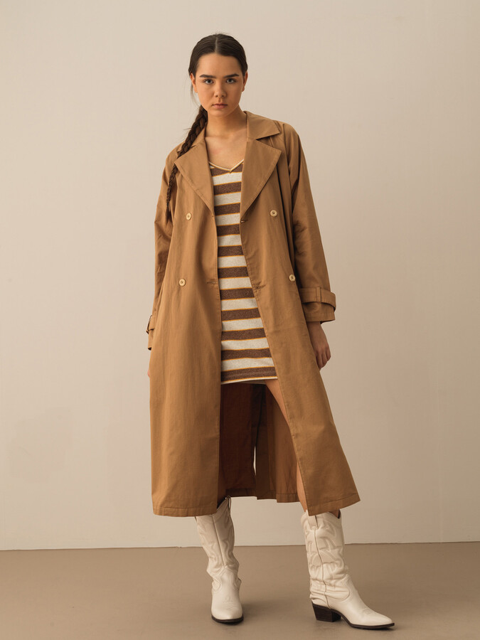 Taş Rengi Pamuk Dokulu Oversize Trençkot (1)