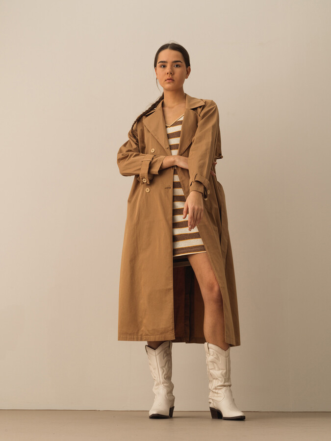 Taş Rengi Pamuk Dokulu Oversize Trençkot