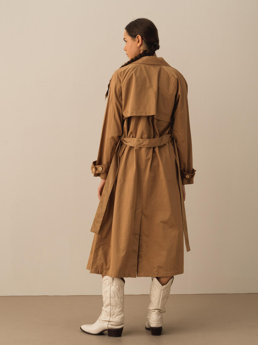 Taş Rengi Pamuk Dokulu Oversize Trençkot - 4