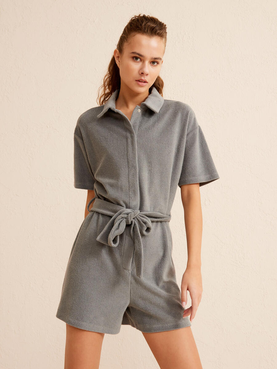 Gri Regular Fit Pamuklu Havlu Tulum - 1