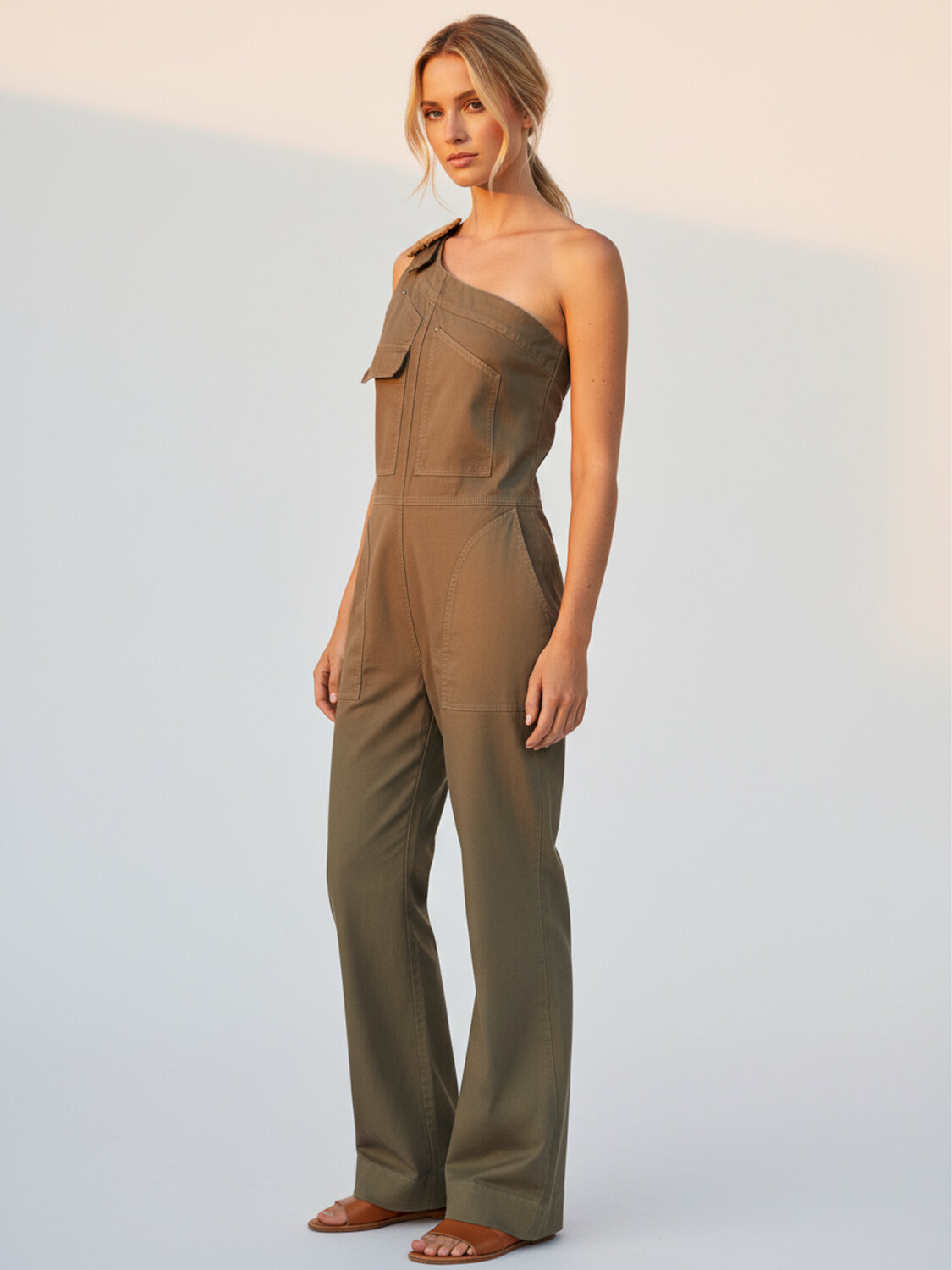 Haki Keten Karışımlı Oversize Tulum - 3