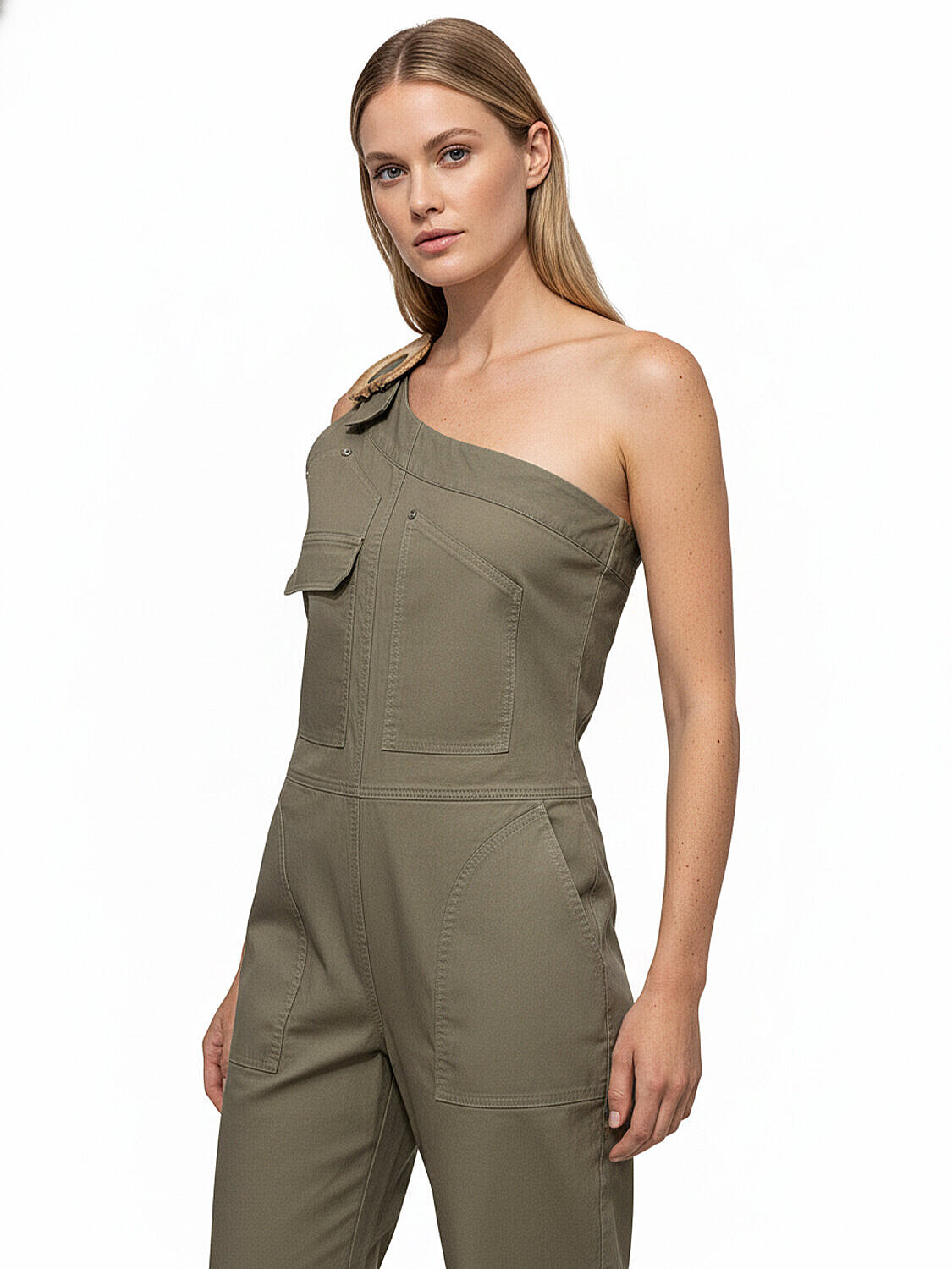 Haki Keten Karışımlı Oversize Tulum (2)