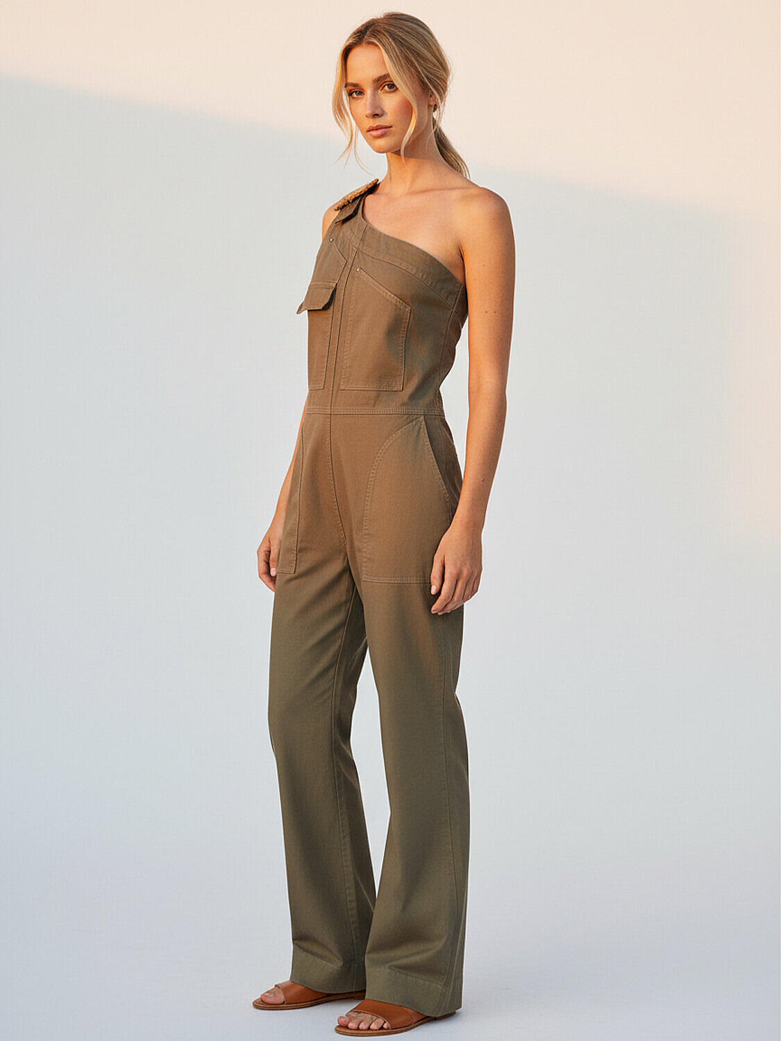 Haki Keten Karışımlı Oversize Tulum (3)