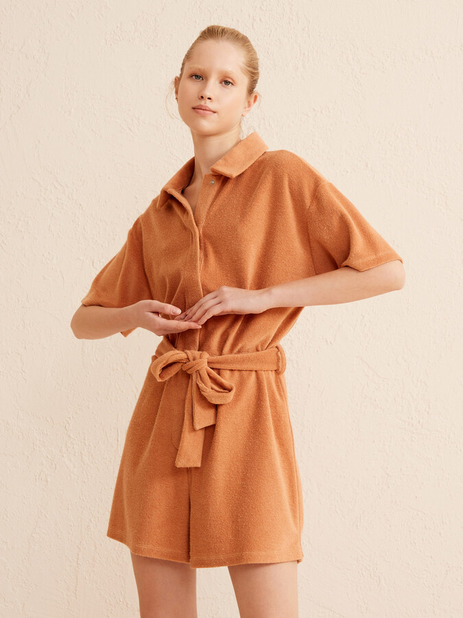 Kahverengi Regular Fit Pamuklu Havlu Tulum