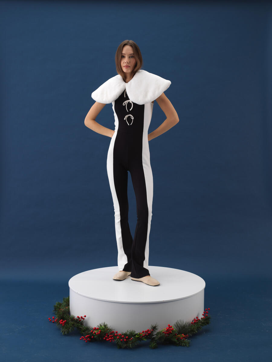 Siyah Pamuk Dokulu Slim Fit Tulum