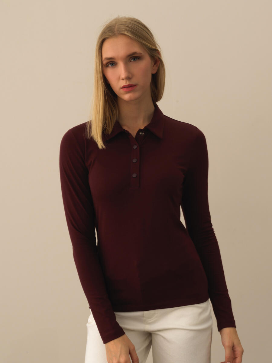 Bordo Polo Yaka Modal Basic Tişört - 1