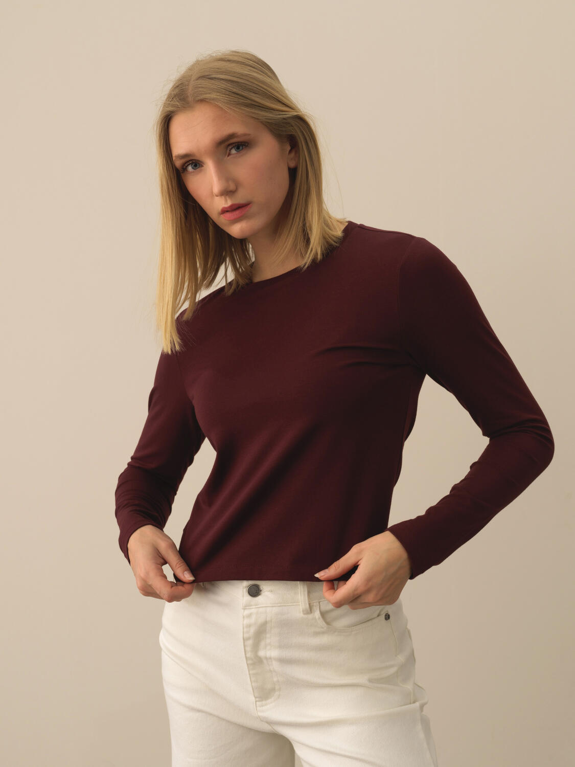 Bordo Modal Dokulu Regular Fit Uzun Kollu Tişört