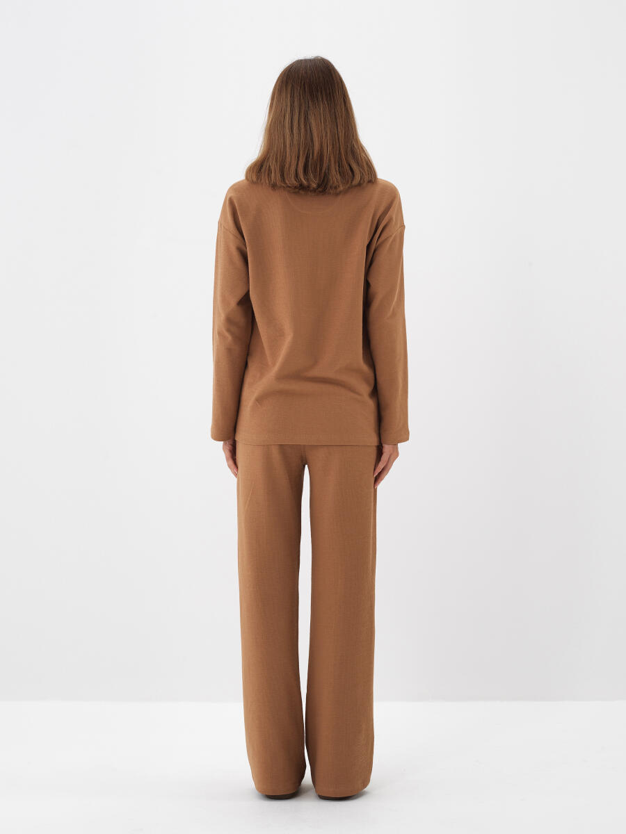 Camel Pamuk Dokulu Oversize Uzun Kollu Tişört - 4