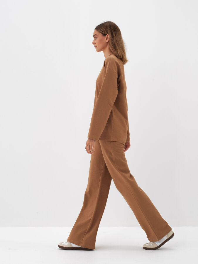 Camel Pamuk Dokulu Oversize Uzun Kollu Tişört - Xint