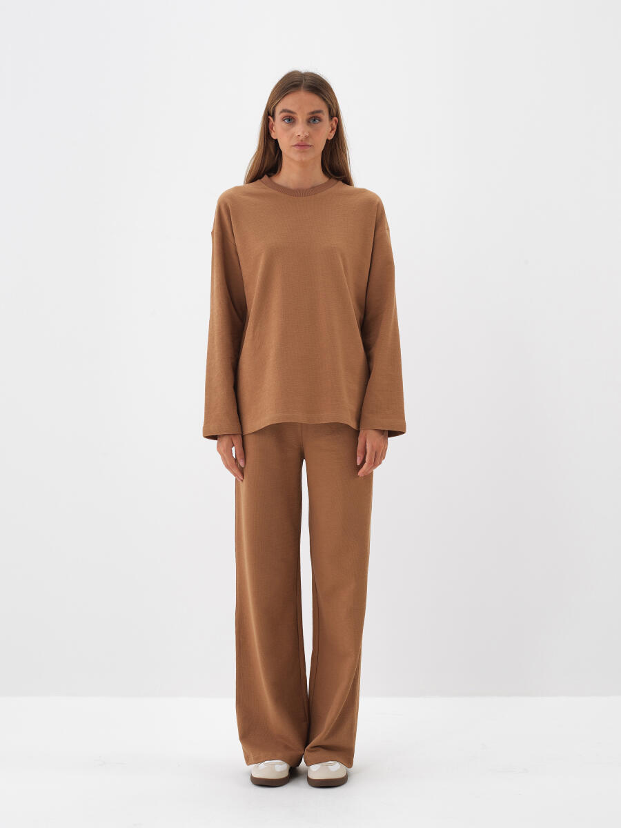 Camel Pamuk Dokulu Oversize Uzun Kollu Tişört - 2