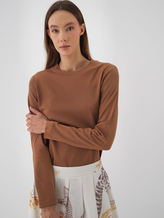 Camel Pamuk Dokulu Regular Fit Uzun Kollu Tişört - Xint