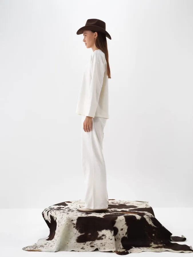 Ekru Pamuk Dokulu Oversize Uzun Kollu Tişört - Xint