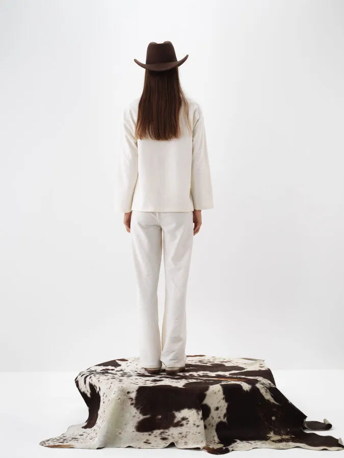 Ekru Pamuk Dokulu Oversize Uzun Kollu Tişört - Xint