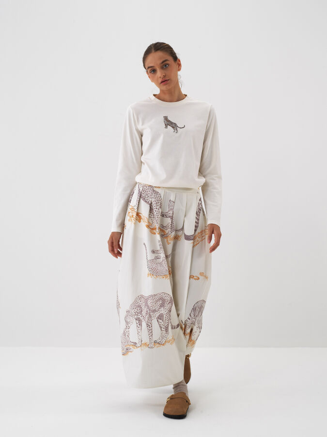 Ekru Pamuk Dokulu Regular Fit Uzun Kollu Tişört - Xint