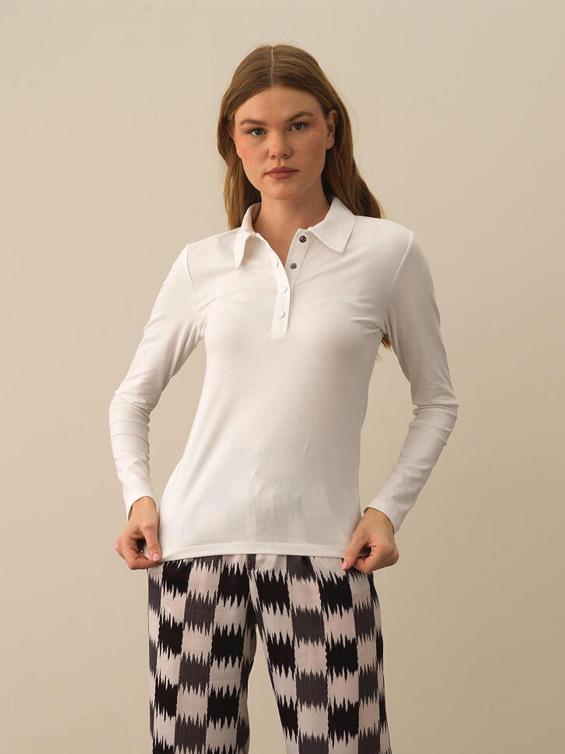 Ekru Slim Fit Polo Yaka Modal Uzun Kol Tişört - 1