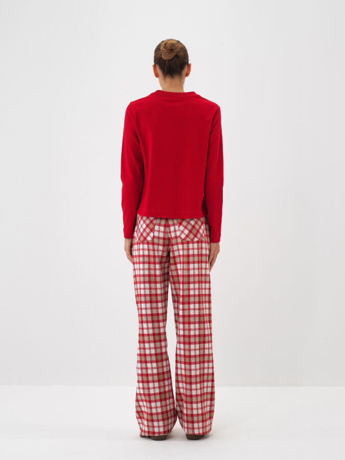 Kırmızı Pamuk Dokulu Regular Fit Uzun Kollu Tişört - Xint