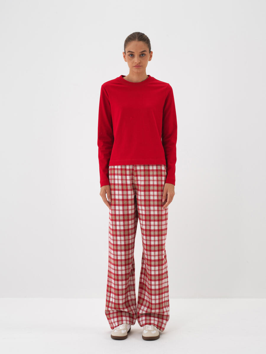 Kırmızı Pamuk Dokulu Regular Fit Uzun Kollu Tişört - 2