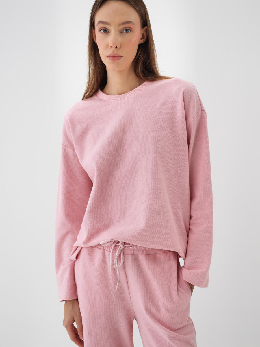 Pembe Pamuk Dokulu Oversize Uzun Kollu Tişört - 2