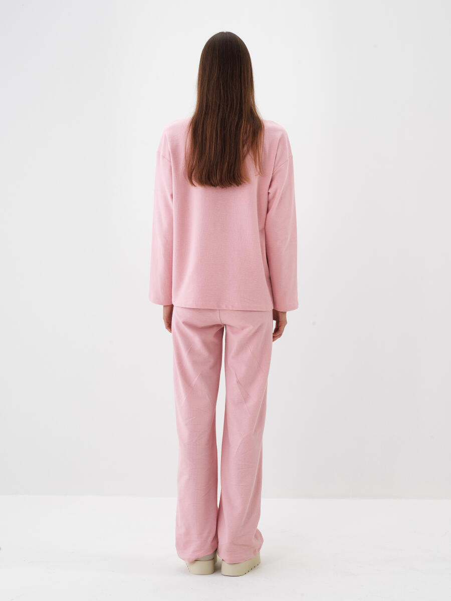 Pembe Pamuk Dokulu Oversize Uzun Kollu Tişört - 4