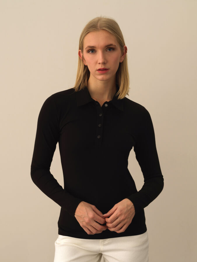 Siyah Modal Dokulu Slim Fit Uzun Kollu Tişört - Xint