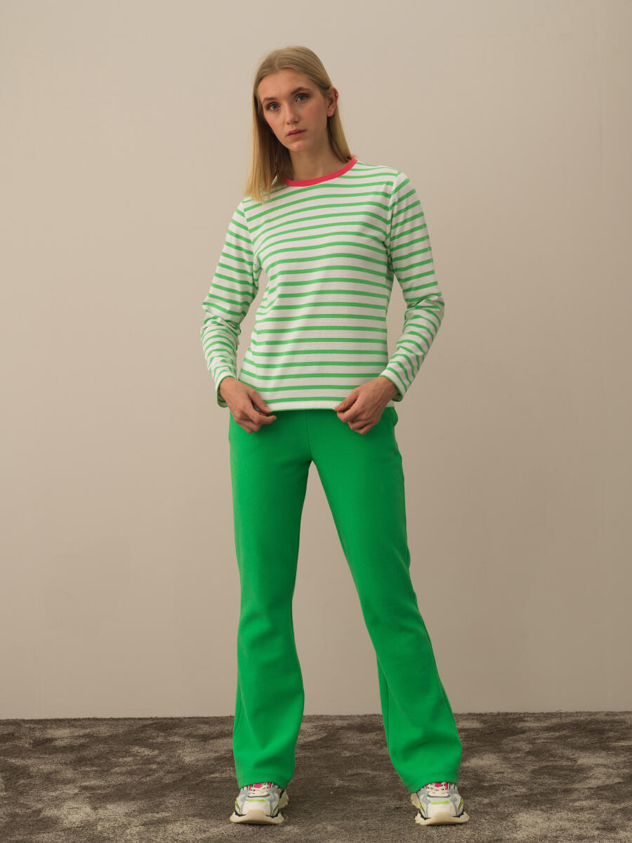 Yeşil Pamuk Dokulu Regular Fit Uzun Kollu Tişört - 2