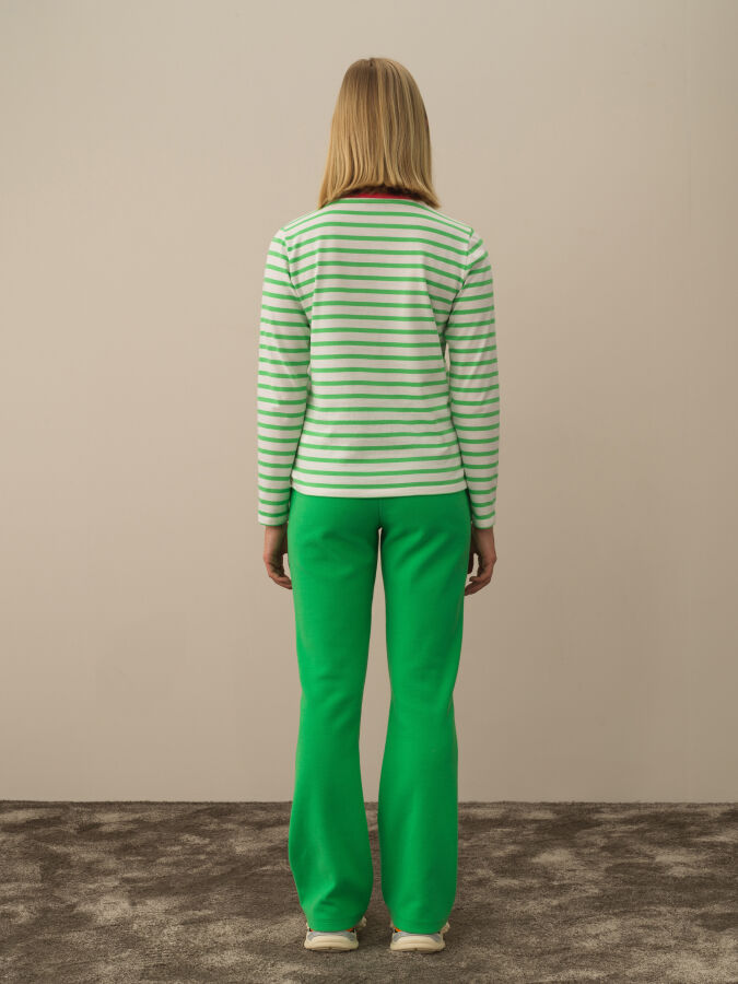 Yeşil Pamuk Dokulu Regular Fit Uzun Kollu Tişört - Xint